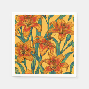 Tawny daylily flowers, blue and yellow napkins