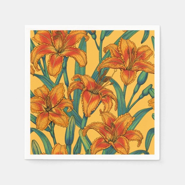Tawny daylily flowers, blue and yellow napkins (Front)