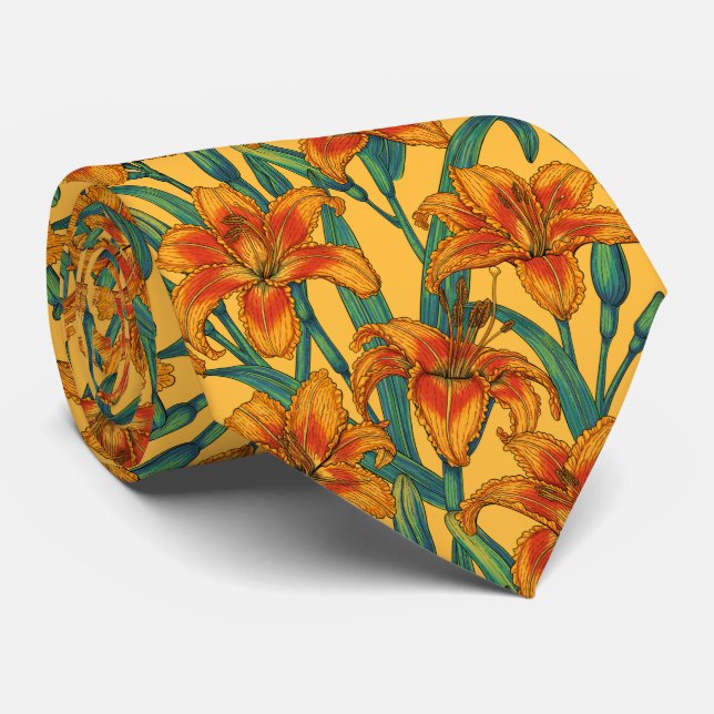 Tawny daylily flowers, blue and yellow neck tie (Rolled)