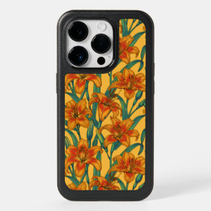 Tawny daylily flowers, blue and yellow OtterBox iPhone 14 pro case