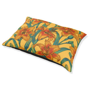 Tawny daylily flowers, blue and yellow pet bed