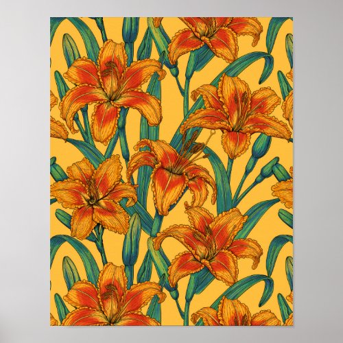 Tawny daylily flowers blue and yellow poster