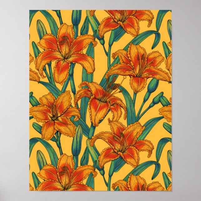 Tawny daylily flowers, blue and yellow poster (Front)