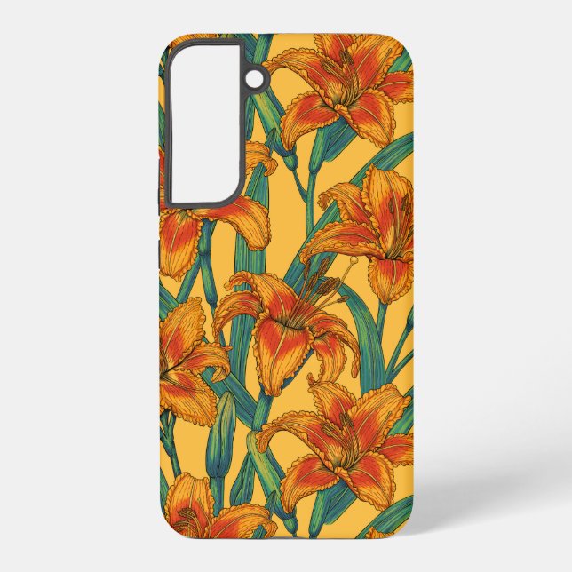 Tawny daylily flowers, blue and yellow samsung galaxy case (Back)