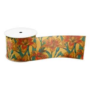 Tawny daylily flowers, blue and yellow satin ribbon