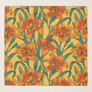 Tawny daylily flowers, blue and yellow scarf