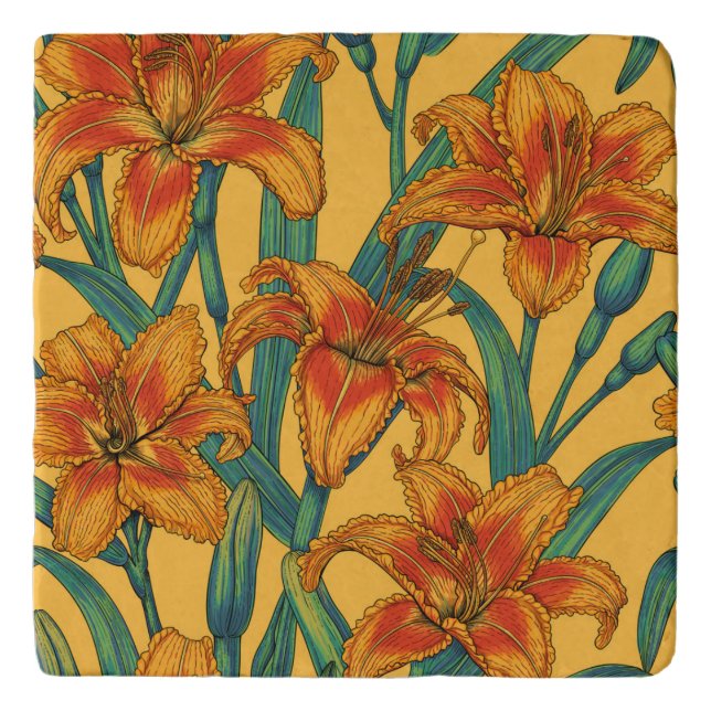 Tawny daylily flowers, blue and yellow trivet (Front)