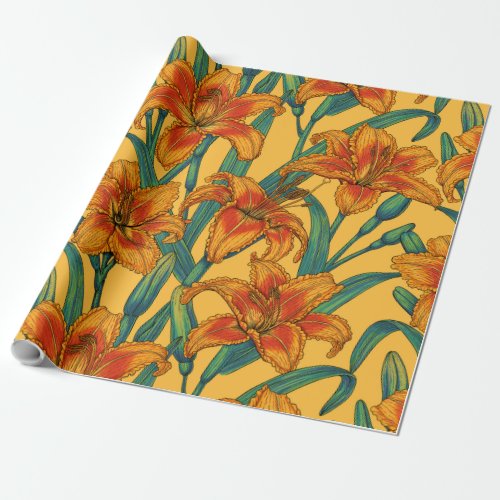 Tawny daylily flowers blue and yellow wrapping paper