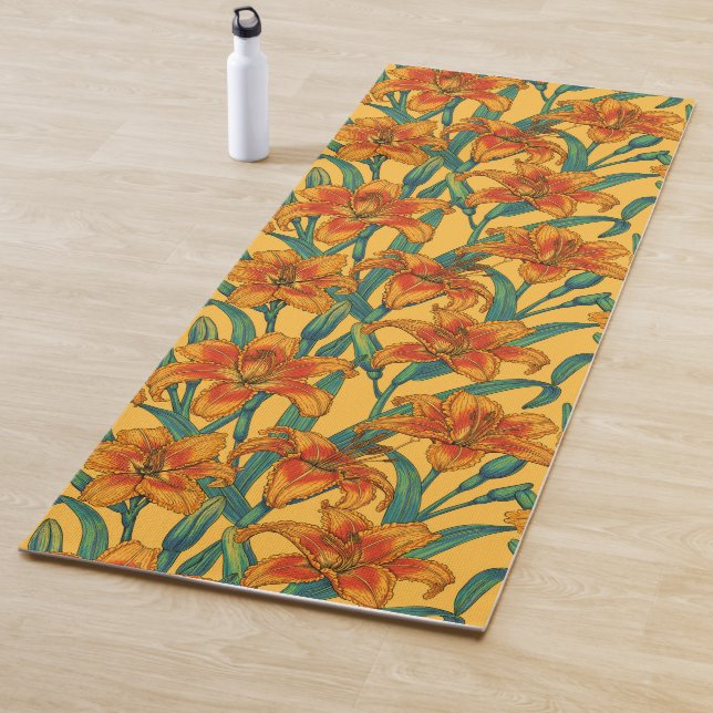 Tawny daylily flowers, blue and yellow yoga mat (In Situ)