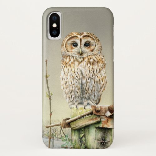 Tawny Owl in the Snow fine art watercolor iPhone XS Case