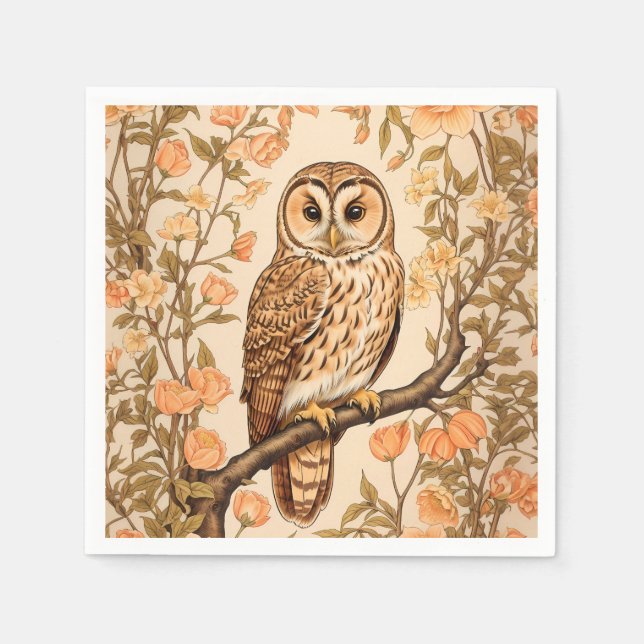 Tawny Owl Peach Blossoms William Morris Inspired Napkins (Front)