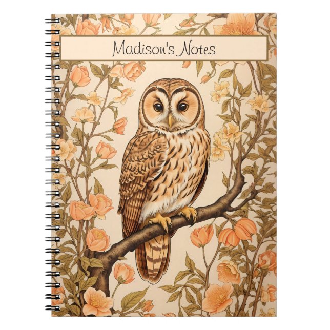 Tawny Owl Peach Blossoms William Morris Inspired Notebook (Front)