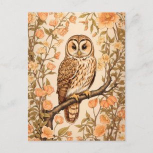Tawny Owl Peach Blossoms William Morris Inspired Postcard