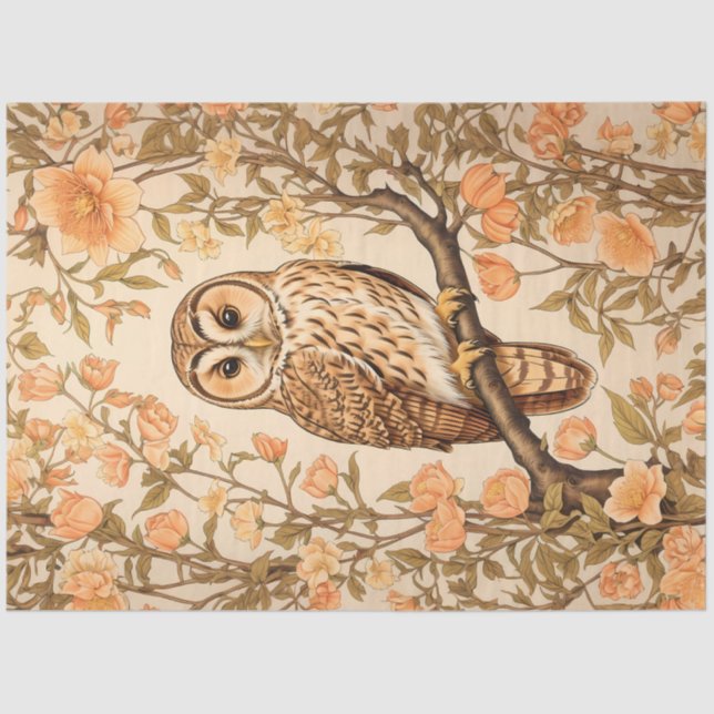 Tawny Owl Peach Blossoms William Morris Inspired Tissue Paper (Front)