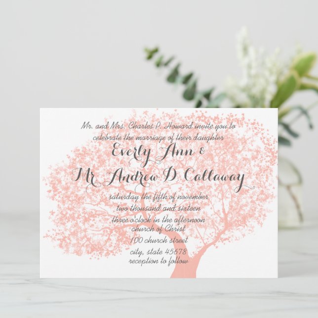 Tawny Peach and Flame Coral Forest Wedding Invitation (Standing Front)