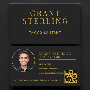Tax Consultant QR Code Black Gold  Business Card