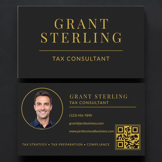 Tax Consultant QR Code Black Gold  Business Card (Creator Uploaded)
