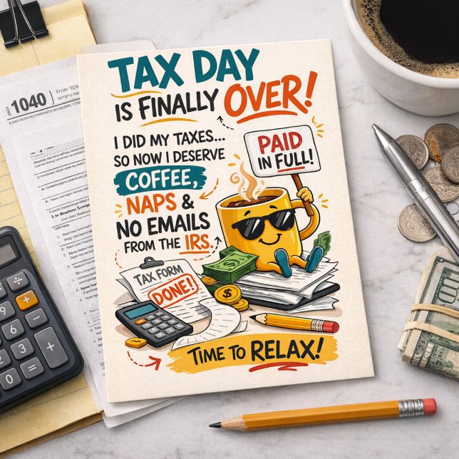 Tax Day Is Finally Over Funny Coffee Relax Postcard (Creator Uploaded)