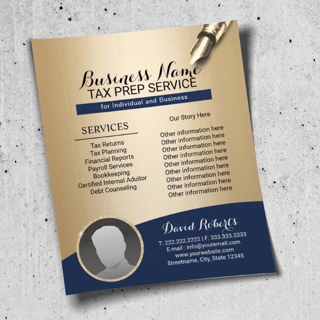 Tax Preparation Consulting Service Navy Gold Photo Flyer (Creator Uploaded)