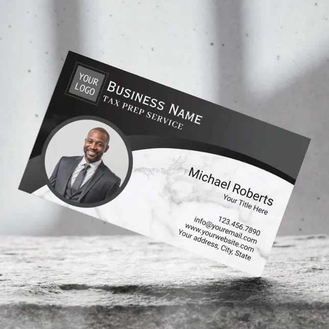 Tax Preparer Accountant Black & Marble Photo Business Card | Zazzle