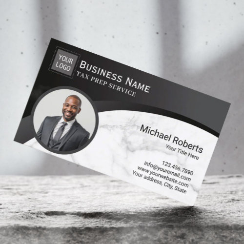 Tax Preparer Accountant Black  Marble Photo Business Card