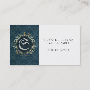 Tax Preparer Finance Services Blue Damask Monogram Business Card