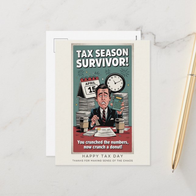 Tax Season Survivor Retro Humor Postcard (Front/Back In Situ)