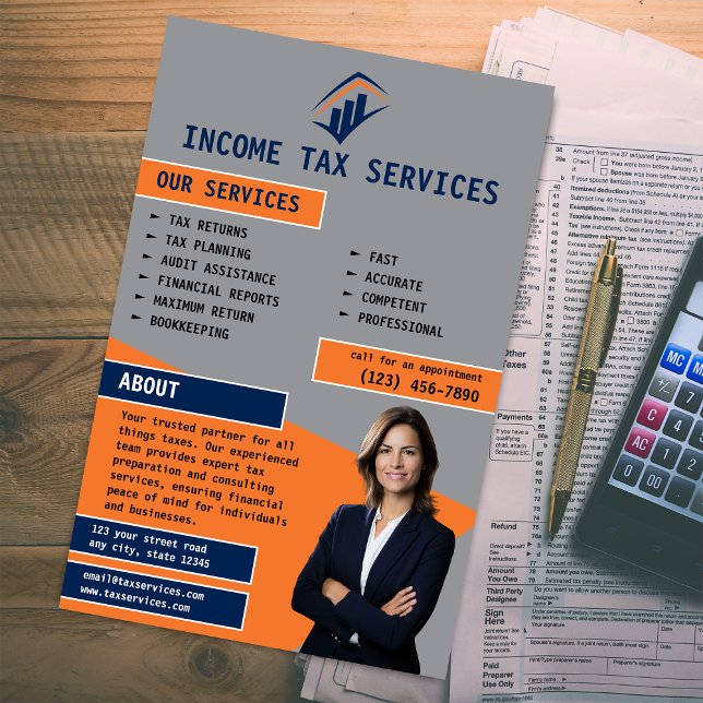 Tax Service Company Flyer (Modern Geometric Style Tax Services Business Flyer - Grey, Blue, Orange)