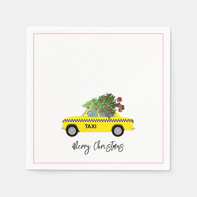 Taxi Cab Merry Christmas Tree Holiday City Festive Napkins (Front)