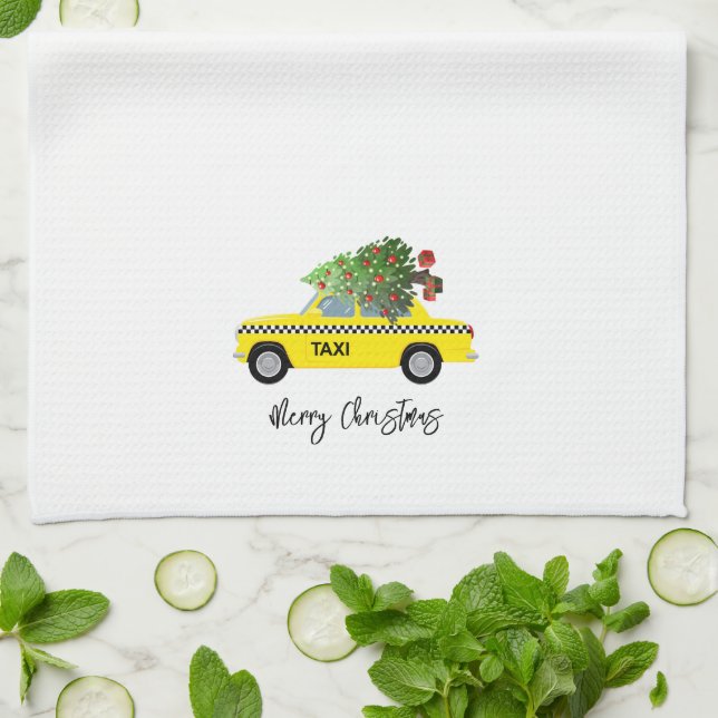 Taxi Cab Merry Christmas Tree Holiday Decor Kitchen Towel (Folded)