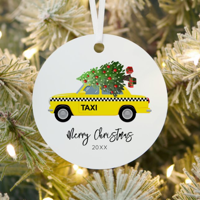 Taxi Cab Merry Christmas Tree Year Keepsake Metal Ornament (Insitu)