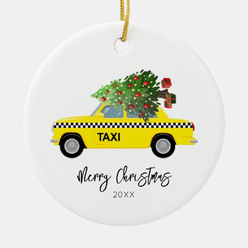 Taxi Cab Merry Christmas Tree Year Keepsake Orname Ceramic Ornament