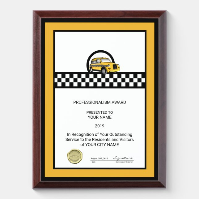 Taxi Service Award Plaque (Vertical)