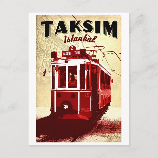 Taxim, red tram, Istanbul, Turkey, vintage travel Postcard (Front)