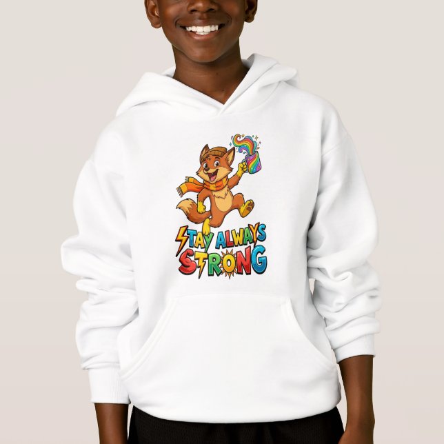 tay Always Strong Fox – Energetic Cartoon Fox with Hoodie (Front)