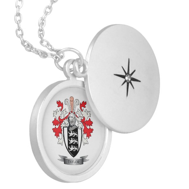 Taylor Family Crest Coat of Arms Silver Plated Necklace (Front Left)