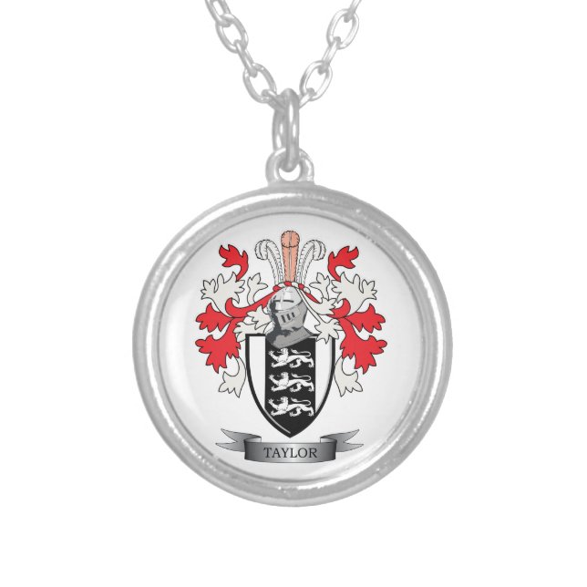 Taylor Family Crest Coat of Arms Silver Plated Necklace (Front)
