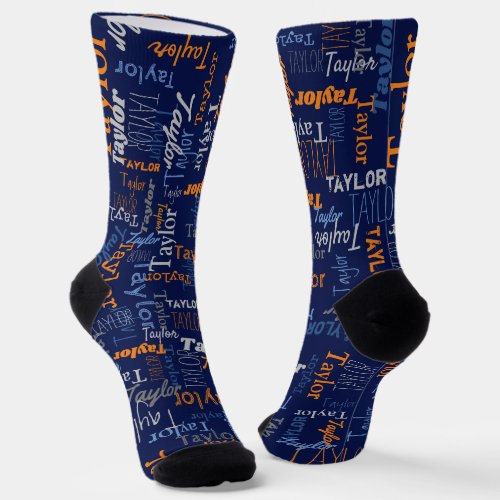 Taylor personalized name orange blue gray socks