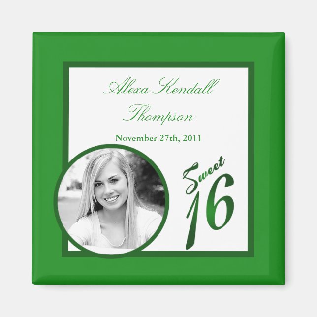 {TBA} 2"x2" Sweet 16 Green Announcement Magnet (Front)