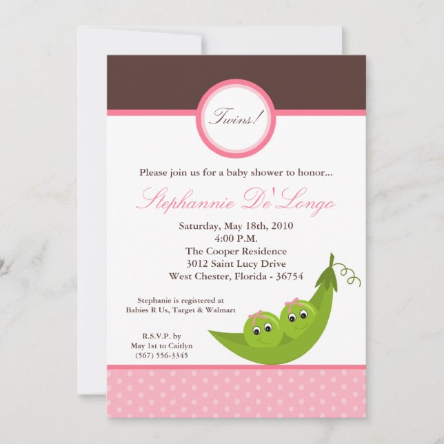 {TBA} 5x7 TWIN Girl Pea Pod Baby Shower Invitation (Front)