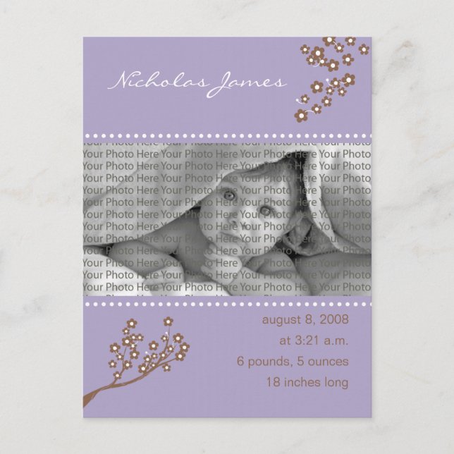 {TBA} Baby Birth Announcement Purple Branch (Front)
