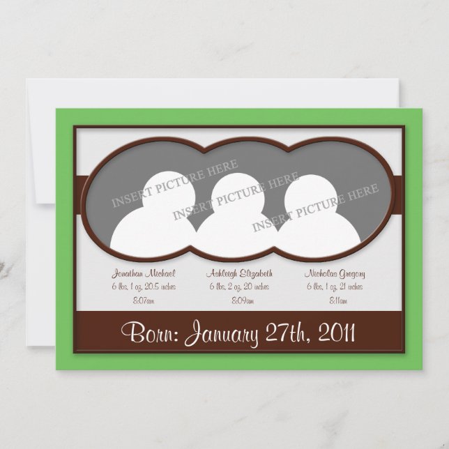 {TBA} Brown Green Triplets Birth Announcements (Front)