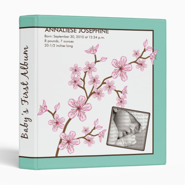 {TBA} Custom Baby Album: Aqua Cherry Blossom Binder (Front/Spine)