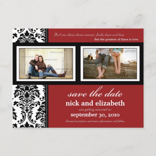 TBA Damask 2_Photo Red_Black_White Save the Date Announcement Postcard