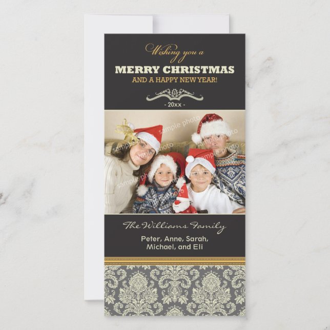 {TBA} Damask Pattern Family Holiday Photocard Card (Front)