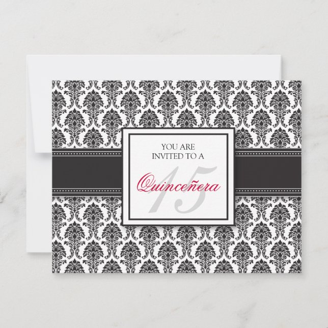 {TBA} ENGLISH Black Damask Quinceanera Invitation (Front)