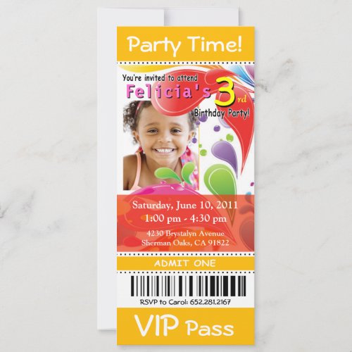 TBA Fun Kids VIP Ticket Photo Party yellow Invitation
