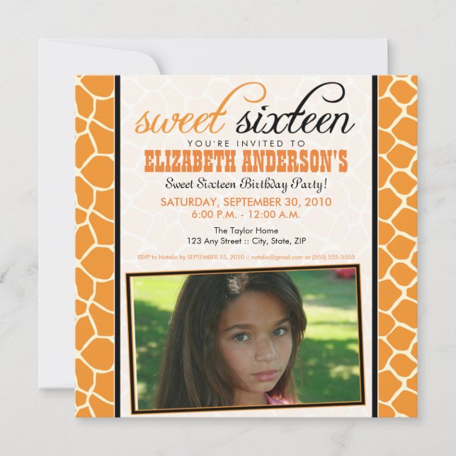 {TBA} Giraffe Sweet 16 Party Invitation (orange) (Front)