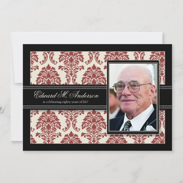 {TBA} Golden Years Damask Birthday Invite (red) (Front)