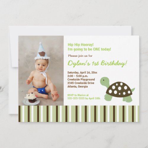 {TBA} Green Mod Dot Turtle Birthday Invitation 5x7
